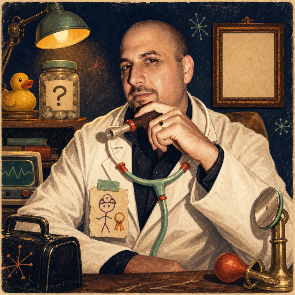 Editorial illustration of Kenn as an obviously fake doctor, wearing a toy stethoscope beside a rubber duck and a jar marked with a question mark.